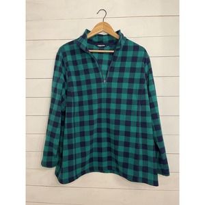 Lands End Womens 1X Fleece‎ Quarter Zip Blue Green Plaid Pullover Sweater Plus